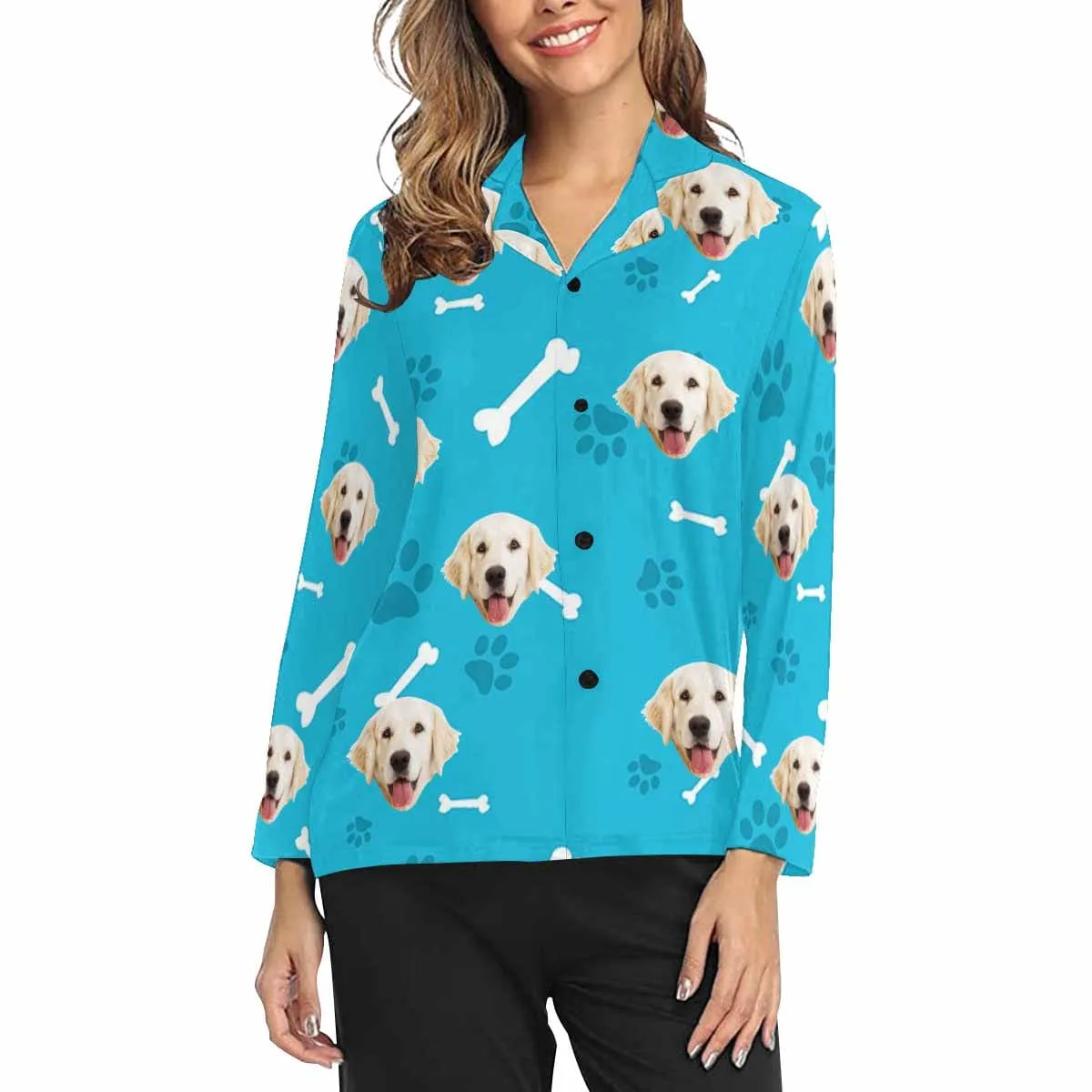 Custom Photo My Pet Dog Sleepwear Personalized Women's Slumber Party Long Pajama Shirt&Pants