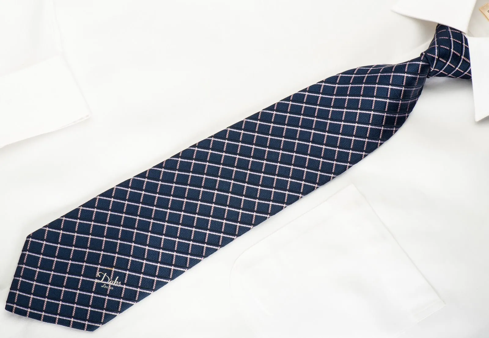 Daks Silk Tie Pink Mauve Striped On Blue With Silver Sparkles
