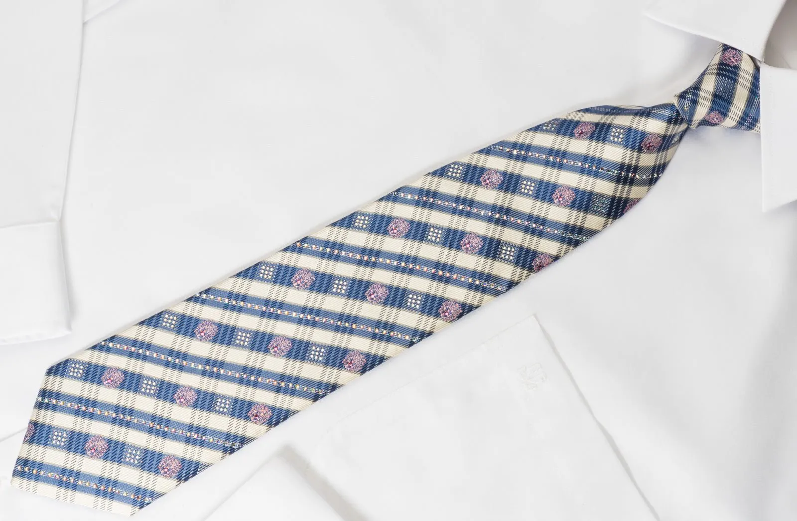 Daks Woven Silk Rhinestone Necktie Blue Striped On Cream With Silver Sparkles