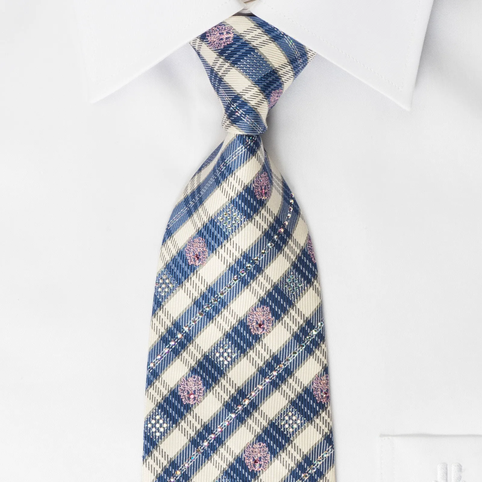 Daks Woven Silk Rhinestone Necktie Blue Striped On Cream With Silver Sparkles