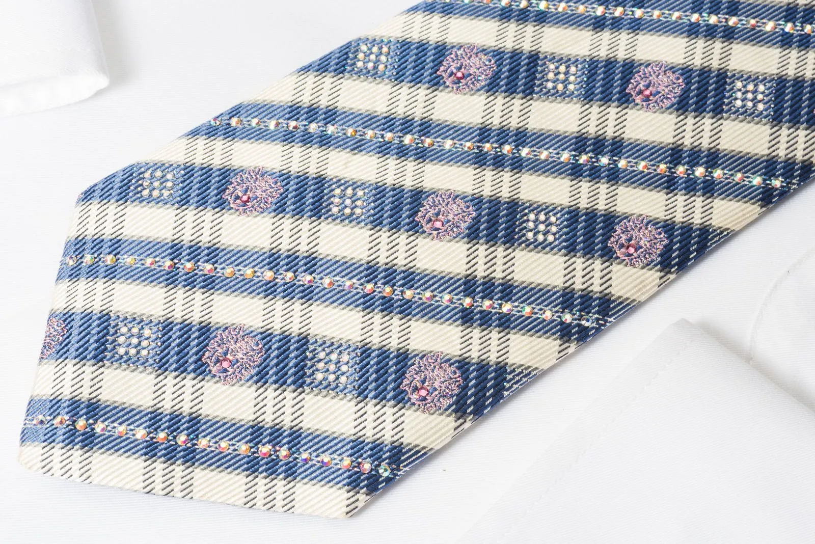 Daks Woven Silk Rhinestone Necktie Blue Striped On Cream With Silver Sparkles