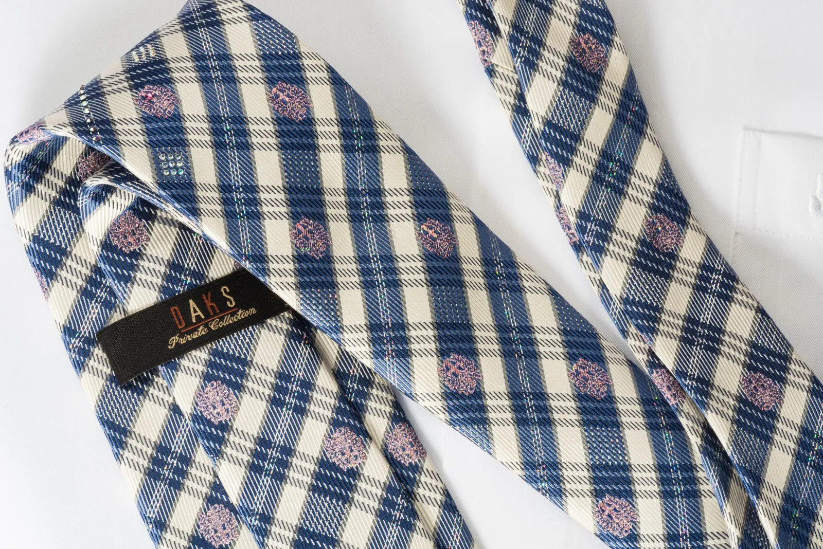 Daks Woven Silk Rhinestone Necktie Blue Striped On Cream With Silver Sparkles