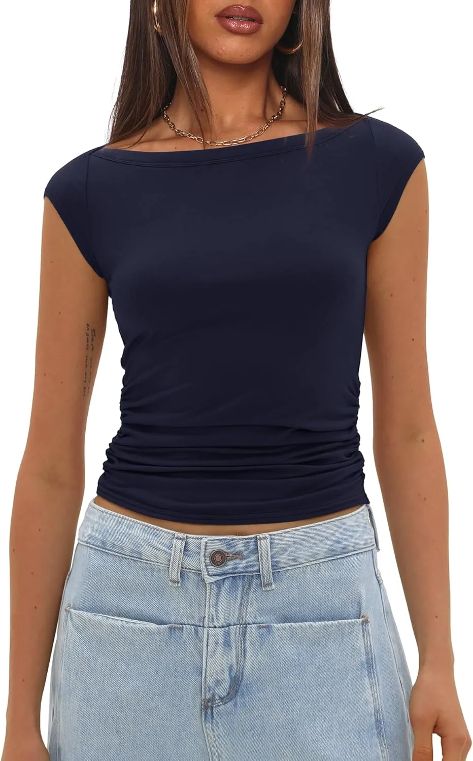 Darong Women's Summer Boat Neck Tops Trendy Casual Cap Sleeve Slim Fitted Modal Basic Tee Shirts