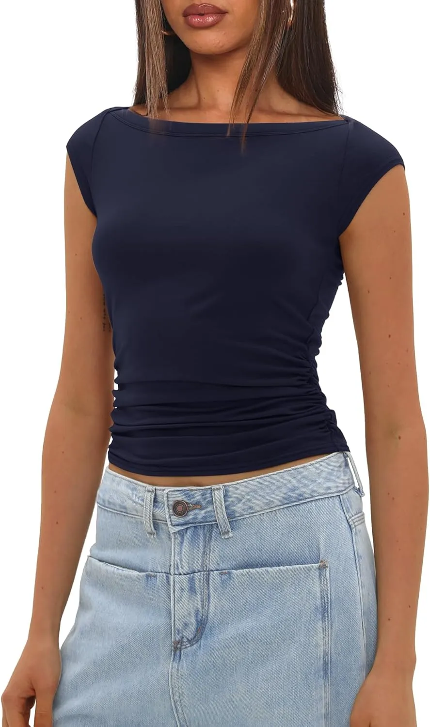 Darong Women's Summer Boat Neck Tops Trendy Casual Cap Sleeve Slim Fitted Modal Basic Tee Shirts