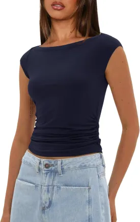 Darong Women's Summer Boat Neck Tops Trendy Casual Cap Sleeve Slim Fitted Modal Basic Tee Shirts