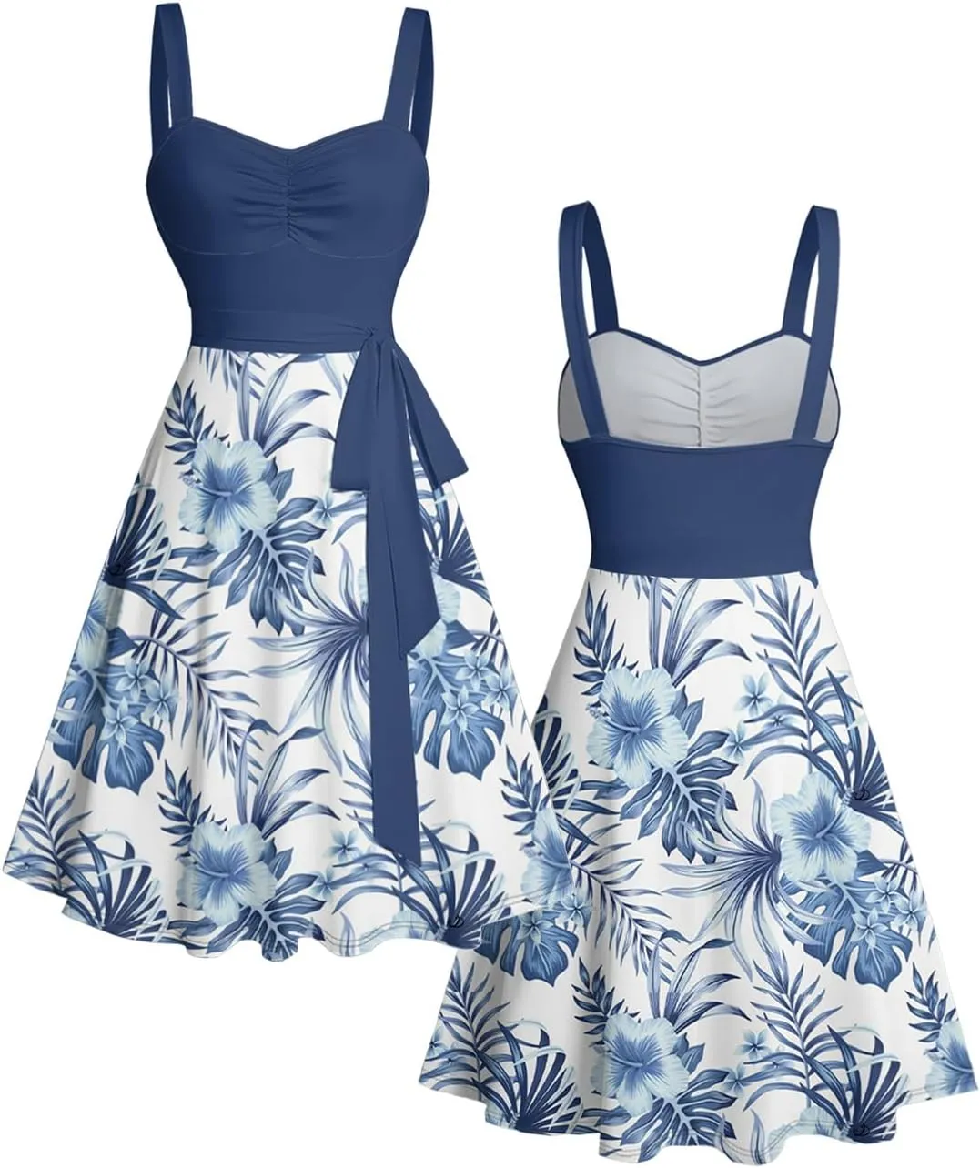 DRESSFO Matchable Couples' Hawaiian Outfit Floral Print Men's Shirt Or Women's Belted Mini Dress
