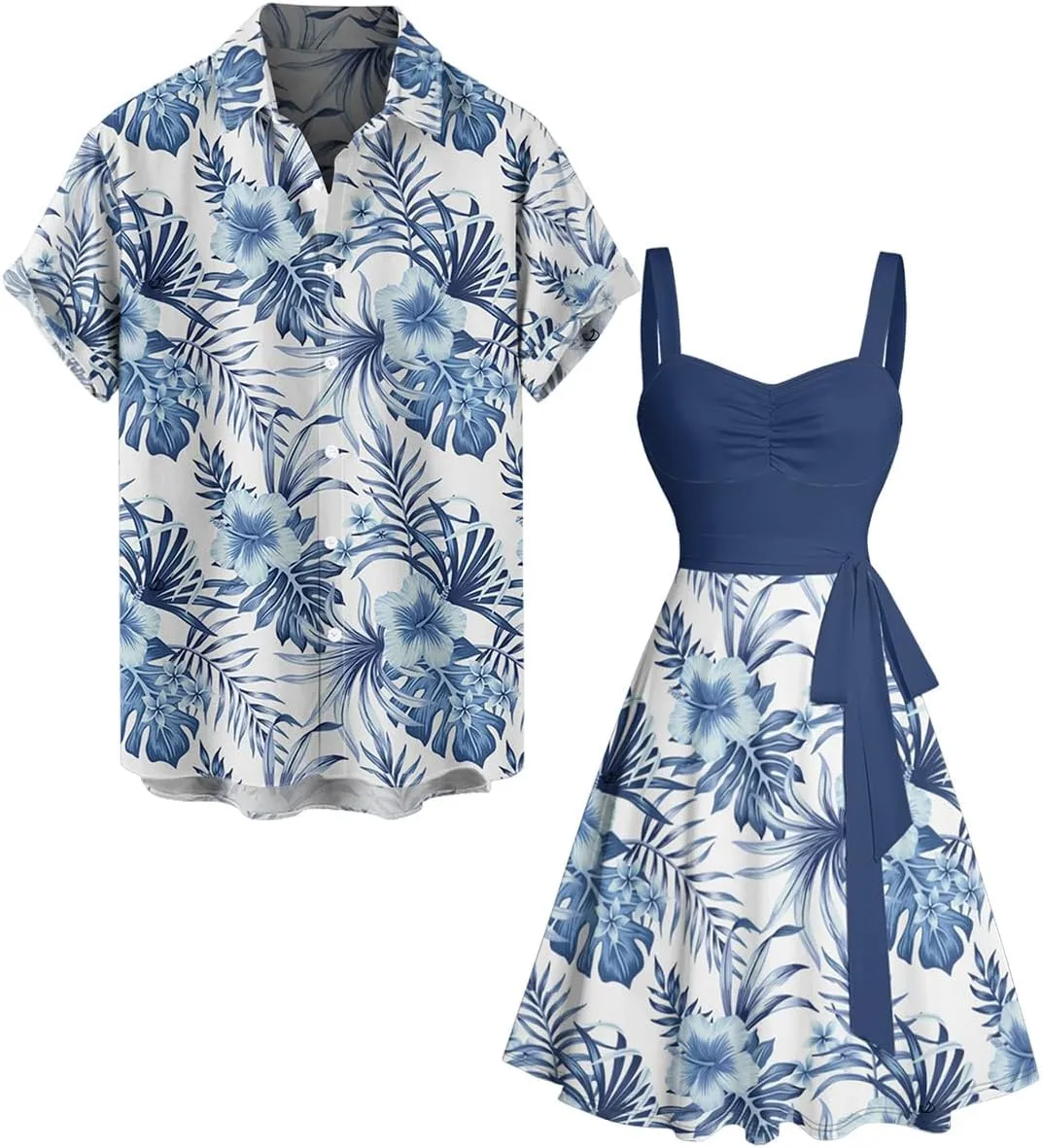 DRESSFO Matchable Couples' Hawaiian Outfit Floral Print Men's Shirt Or Women's Belted Mini Dress