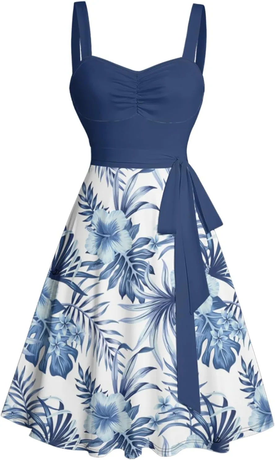 DRESSFO Matchable Couples' Hawaiian Outfit Floral Print Men's Shirt Or Women's Belted Mini Dress