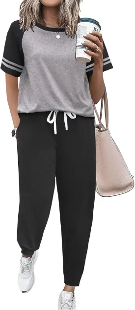 Ekouaer Lounge Sets for Women Two Piece Pajama Set Short Sleeve Crewneck Jogger Outfits and Sweatpants Tracksuit with Pockets
