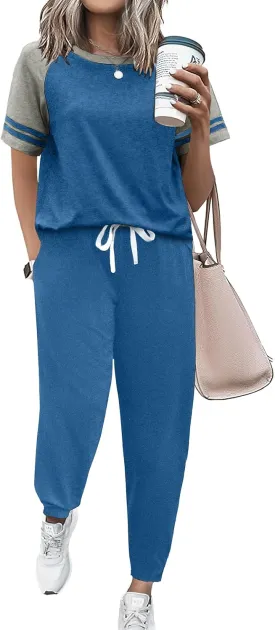 Ekouaer Lounge Sets for Women Two Piece Pajama Set Short Sleeve Crewneck Jogger Outfits and Sweatpants Tracksuit with Pockets