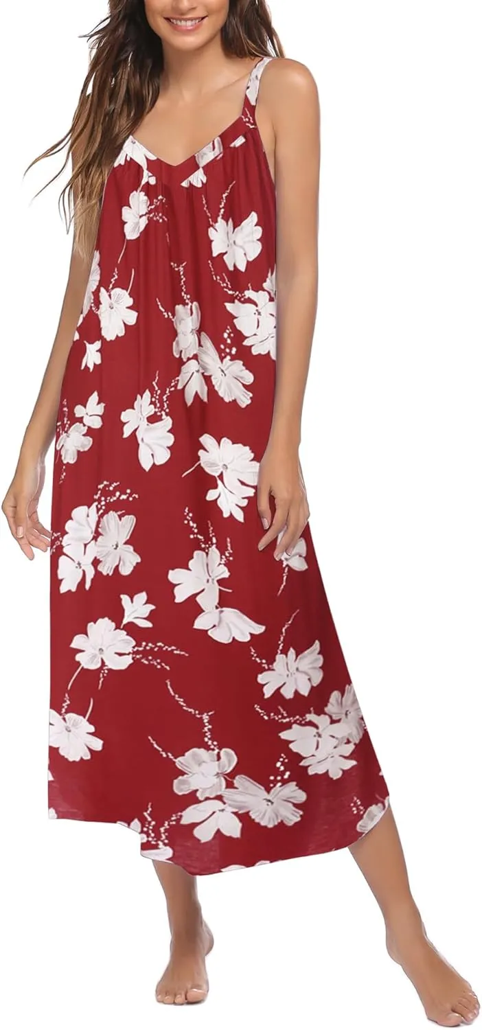 Ekouaer Womens Nightgown Sleeveless Long Night Gown Full Slip Sleep Dress Print Sleepwear Soft Lounge Dress