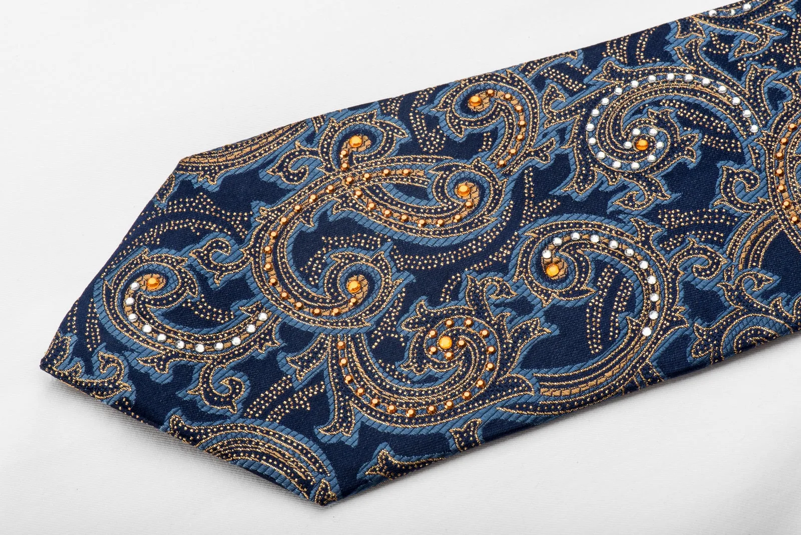 Elegance Men's Crystal Silk Necktie Golden Acanthus Paisley On Blue With Sparkles