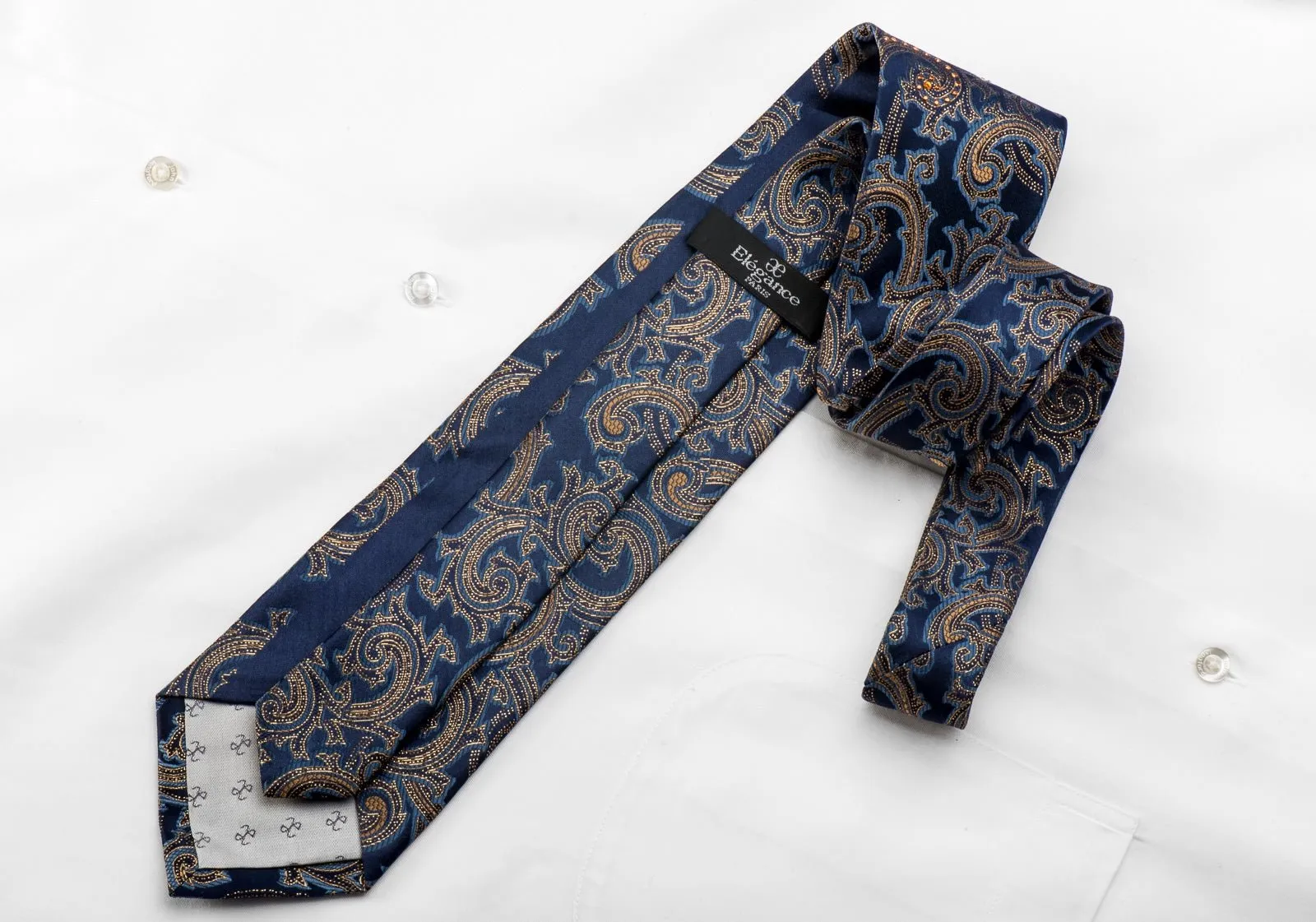Elegance Men's Crystal Silk Necktie Golden Acanthus Paisley On Blue With Sparkles