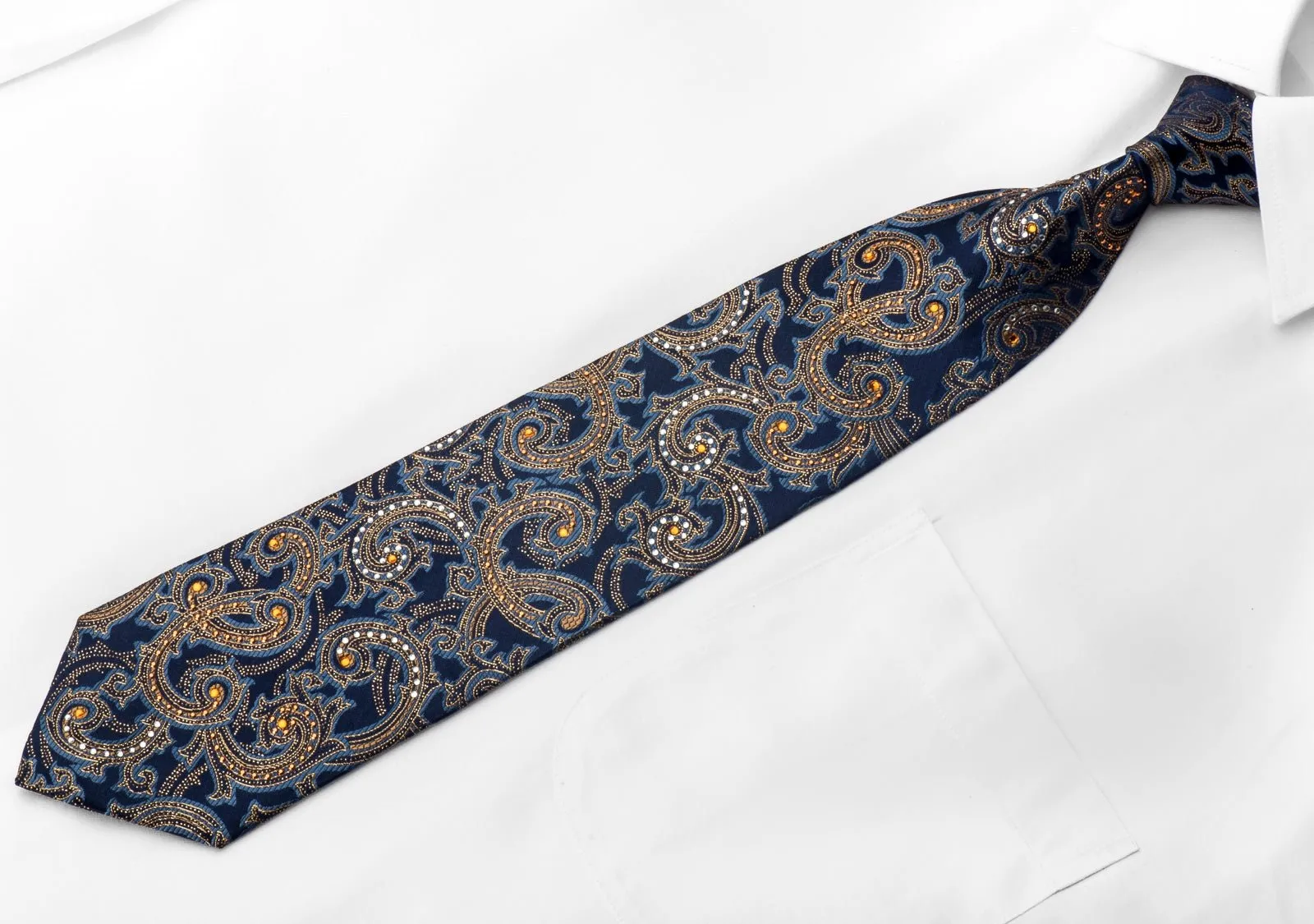 Elegance Men's Crystal Silk Necktie Golden Acanthus Paisley On Blue With Sparkles