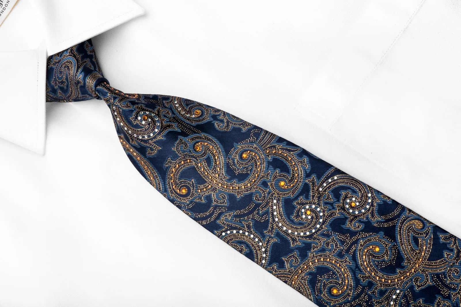 Elegance Men's Crystal Silk Necktie Golden Acanthus Paisley On Blue With Sparkles