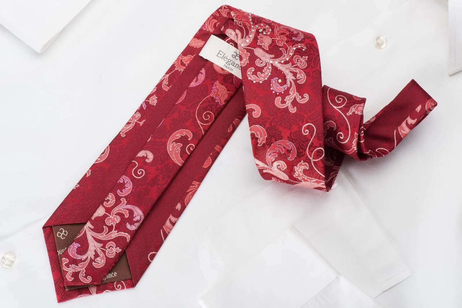 Elegance Rhinestone Silk Necktie Acanthus On Red With Red Sparkles