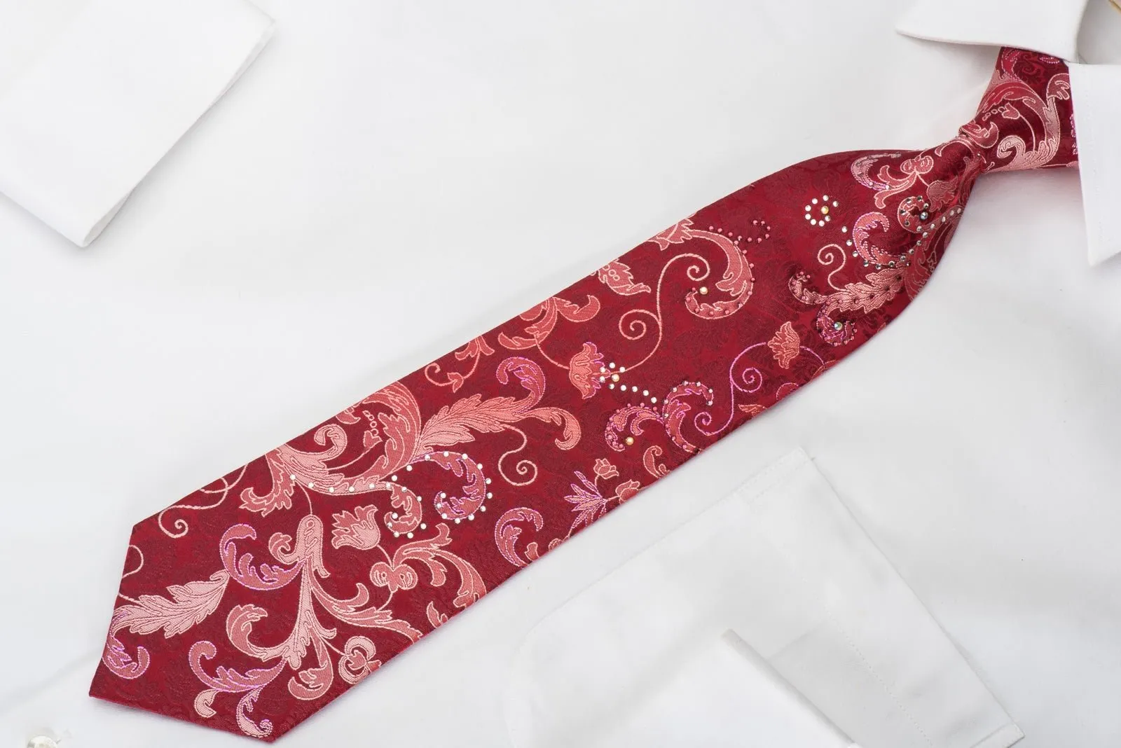 Elegance Rhinestone Silk Necktie Acanthus On Red With Red Sparkles