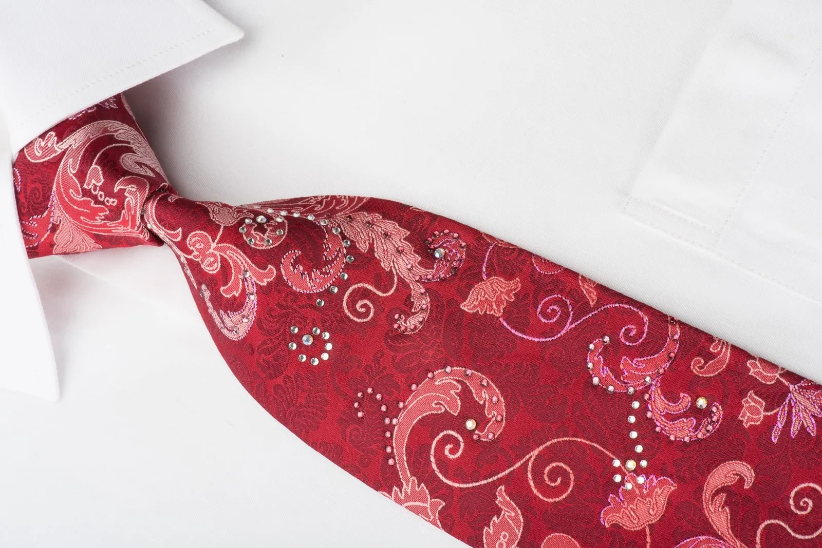 Elegance Rhinestone Silk Necktie Acanthus On Red With Red Sparkles