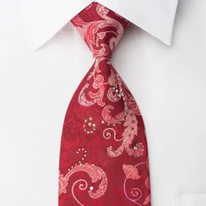 Elegance Rhinestone Silk Necktie Acanthus On Red With Red Sparkles