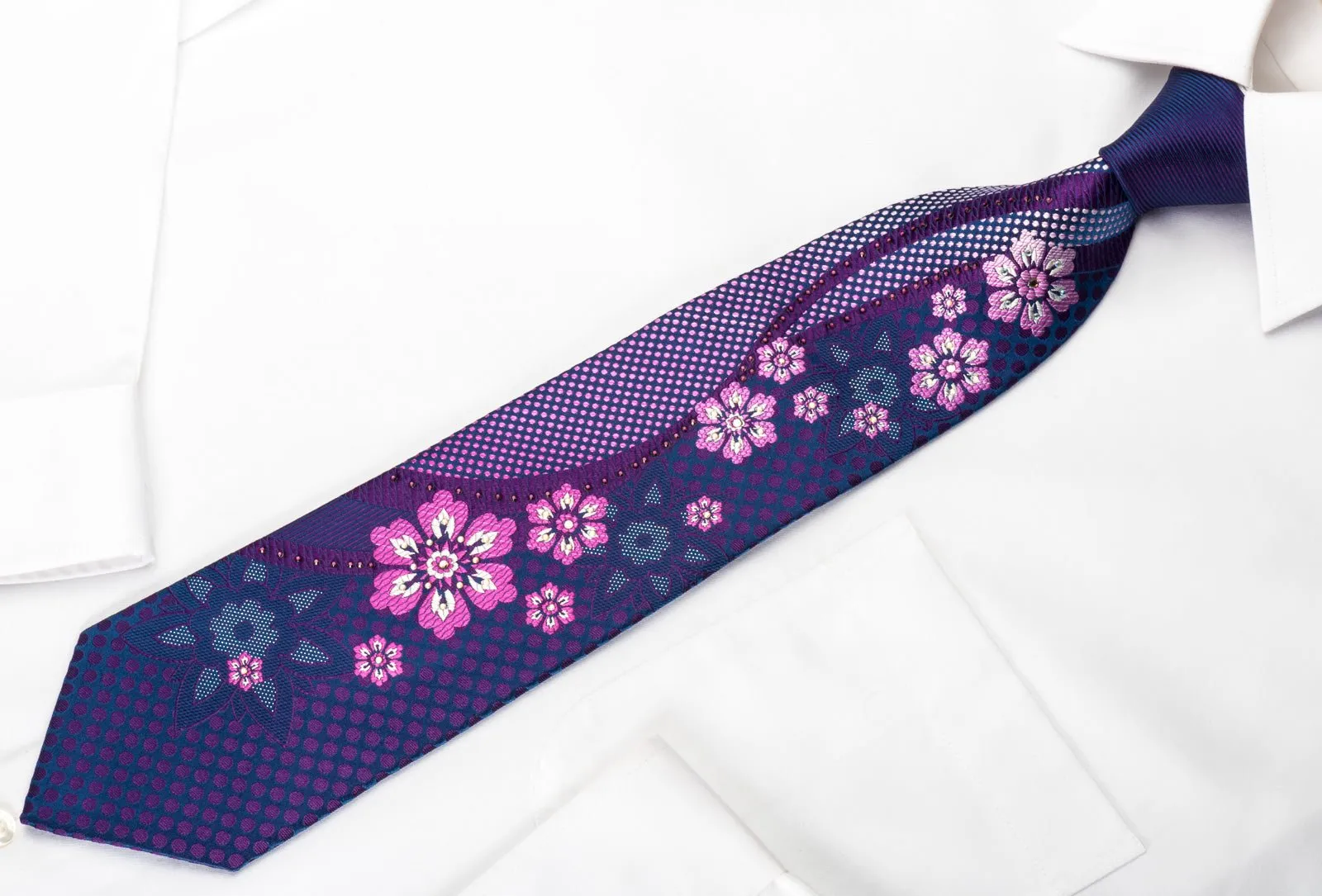 Elle Homme Silk Rhinestone Necktie Floral Dots On Blue With Silver Sparkles