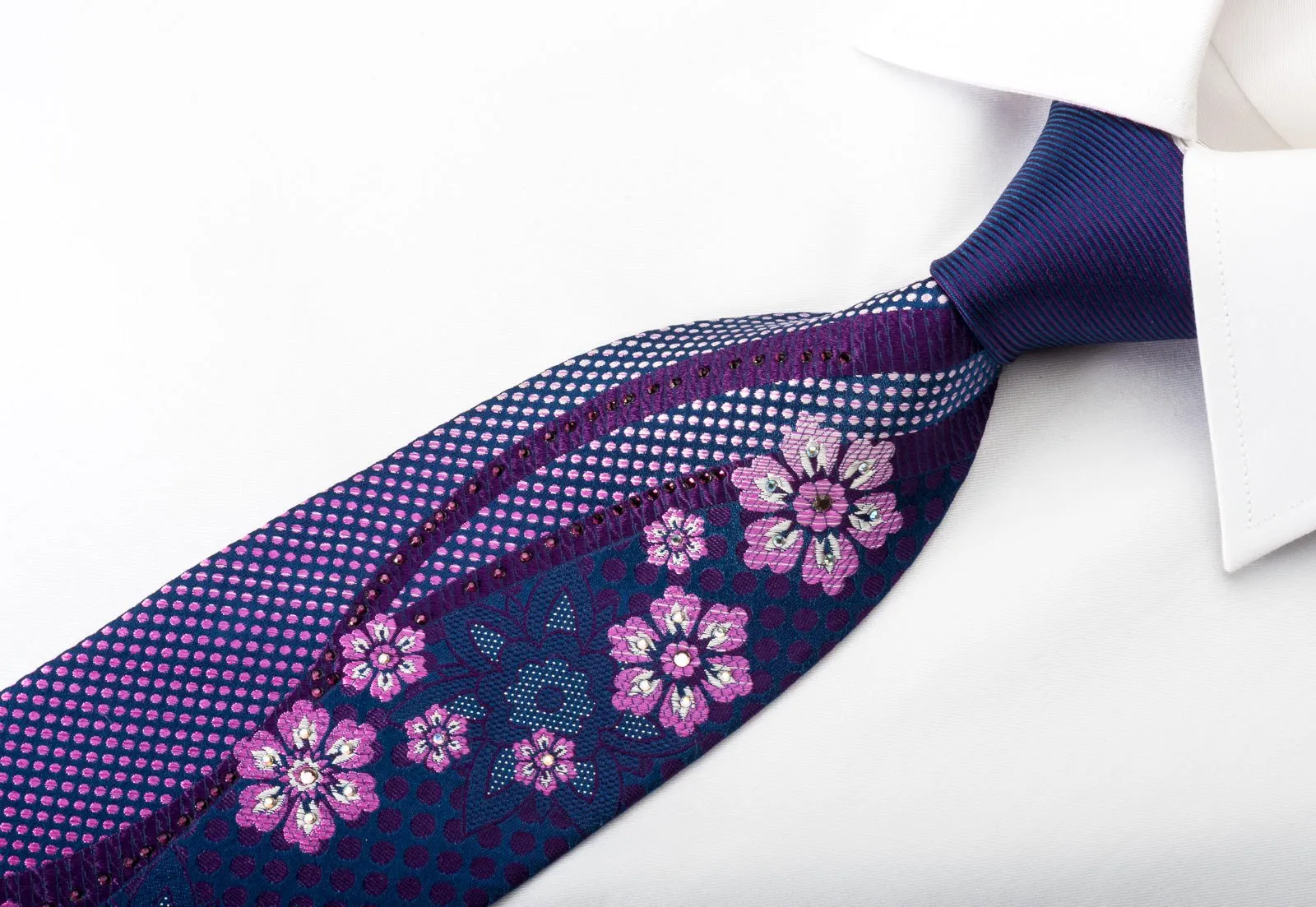 Elle Homme Silk Rhinestone Necktie Floral Dots On Blue With Silver Sparkles