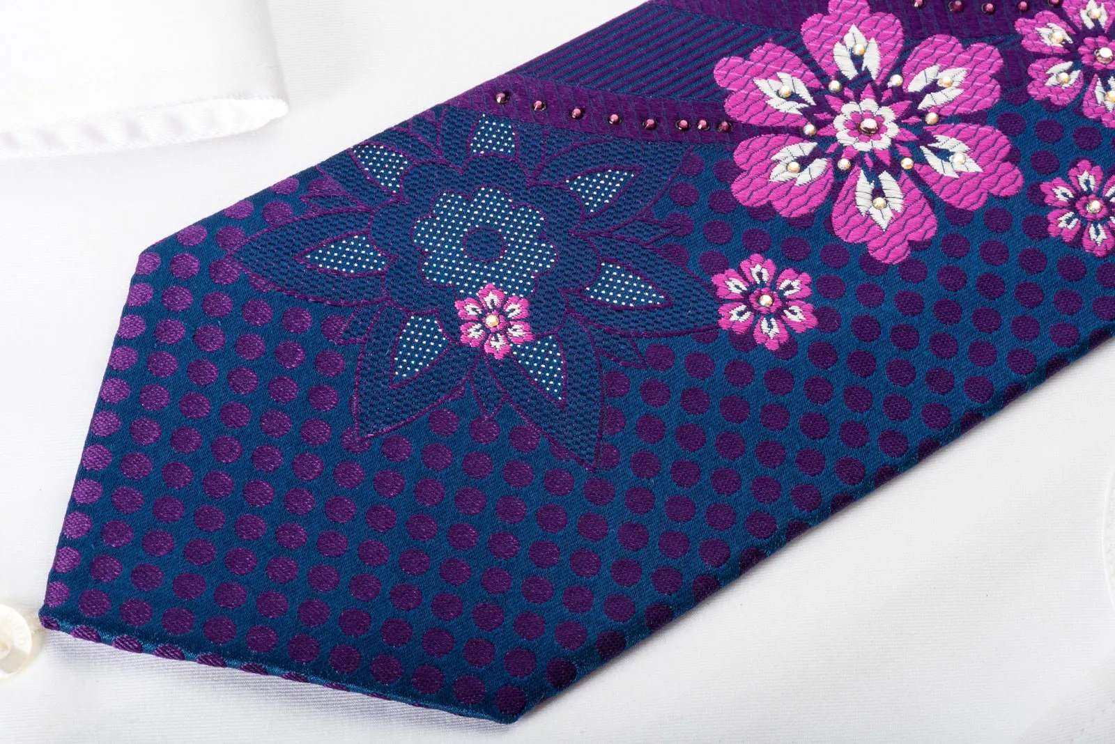 Elle Homme Silk Rhinestone Necktie Floral Dots On Blue With Silver Sparkles
