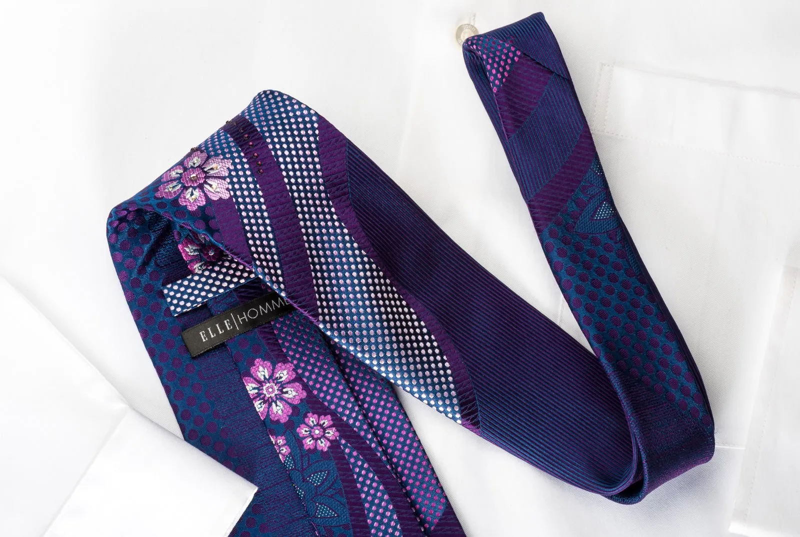 Elle Homme Silk Rhinestone Necktie Floral Dots On Blue With Silver Sparkles
