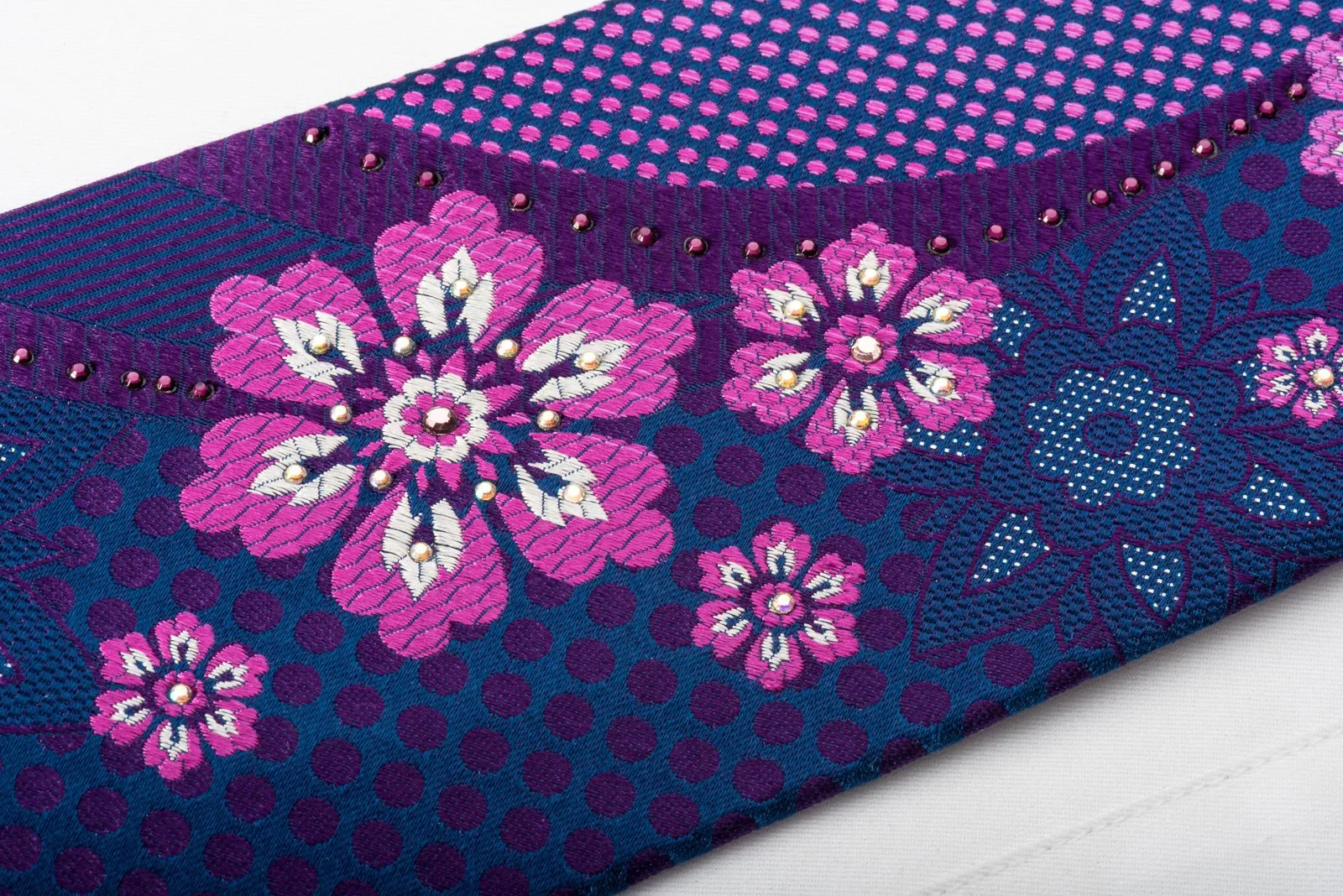 Elle Homme Silk Rhinestone Necktie Floral Dots On Blue With Silver Sparkles