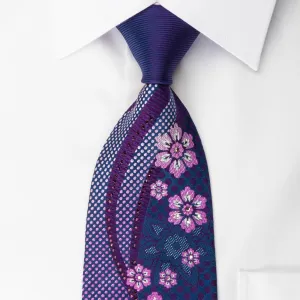 Elle Homme Silk Rhinestone Necktie Floral Dots On Blue With Silver Sparkles