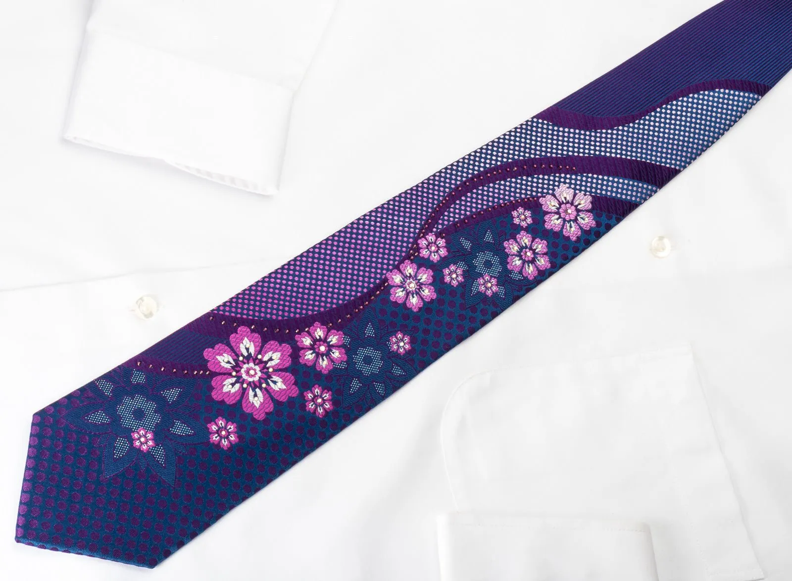 Elle Homme Silk Rhinestone Necktie Floral Dots On Blue With Silver Sparkles
