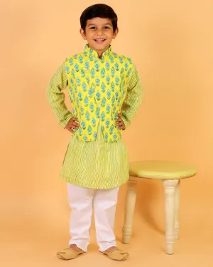 Empire Yellow Block Print Jacket and Kurta Pajama Set