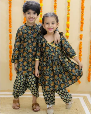 Ethnic Set-Green Block Print Girls Anarkali Pajama Set with Green Block Print Boys Dhoti Kurta Set