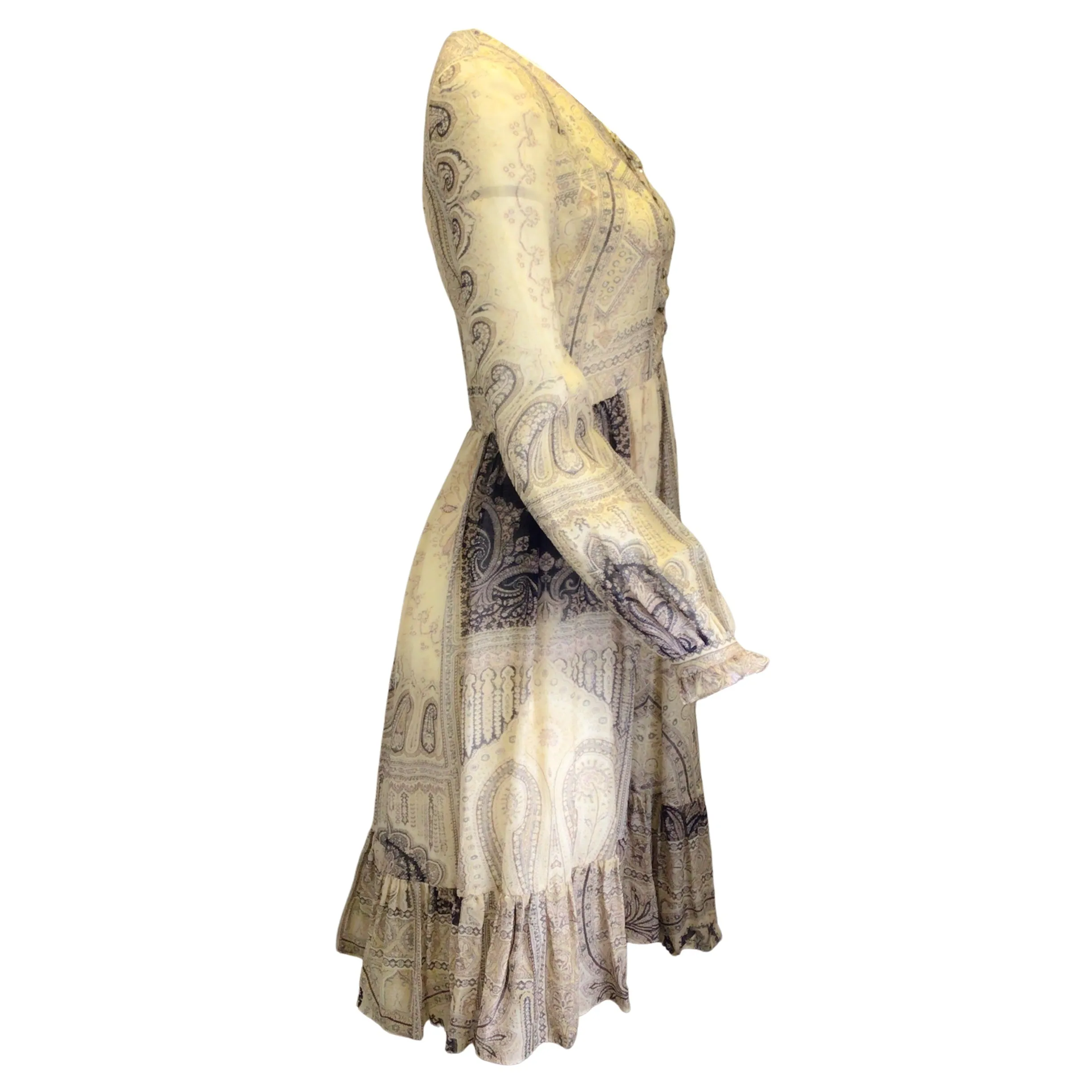 Etro Beige Multi Printed Long Sleeved Lace-Up Silk Dress