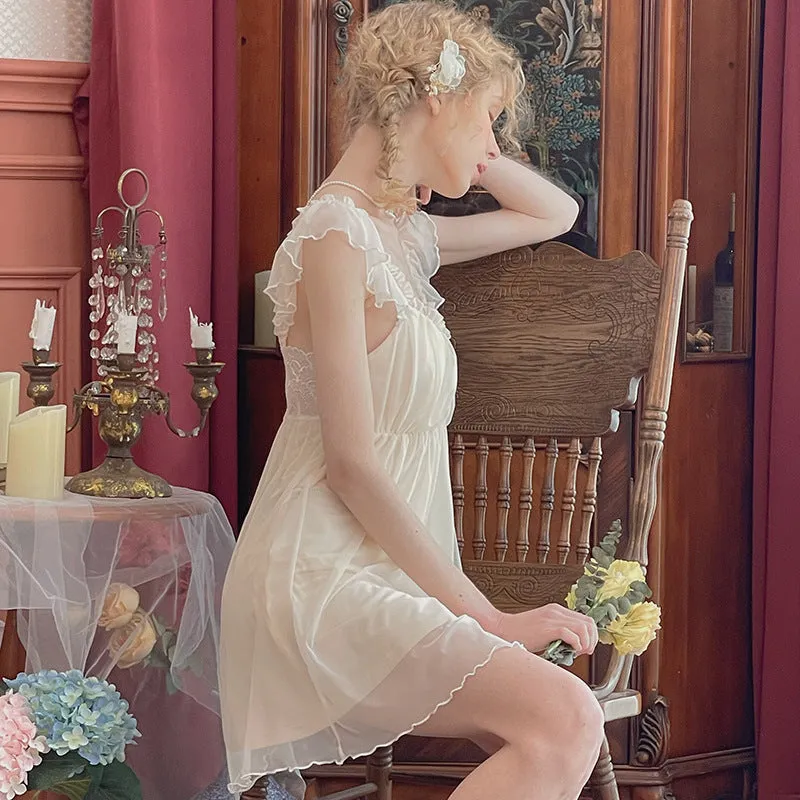 Fashionkova music video dress to impress cm Original Peach Collar Strap Fairy Nightdress with Chest Pad Small Flying Sleeve Back Lace Mesh Dress Modal