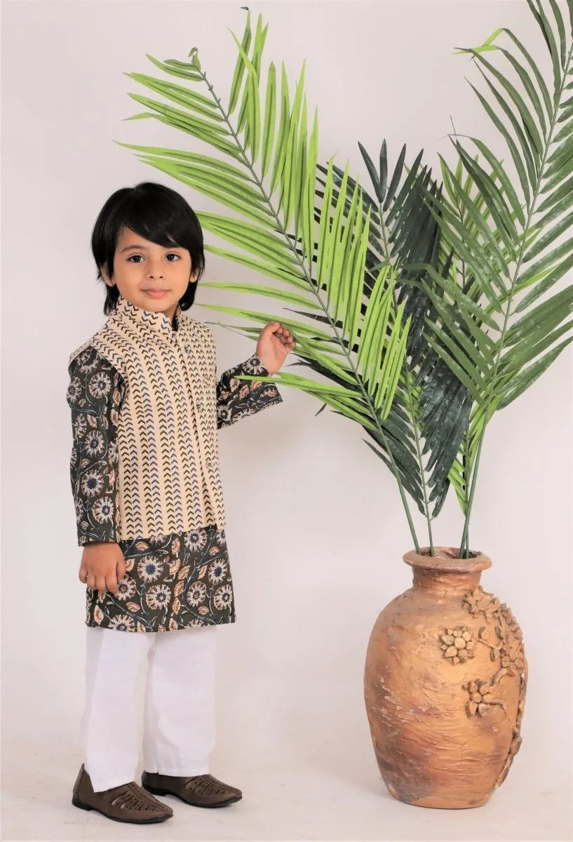 Festive Ivory Beige Jacket, Kurta, and Pajama Set