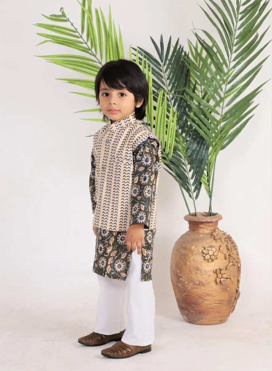 Festive Ivory Beige Jacket, Kurta, and Pajama Set