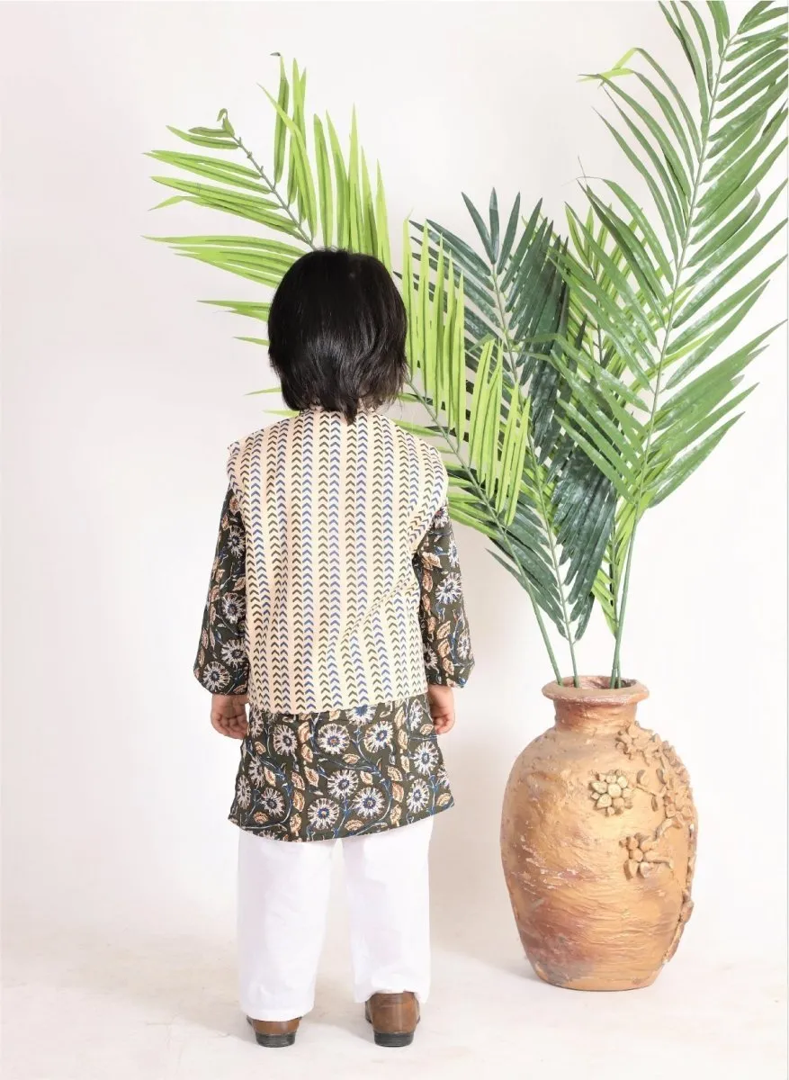 Festive Ivory Beige Jacket, Kurta, and Pajama Set