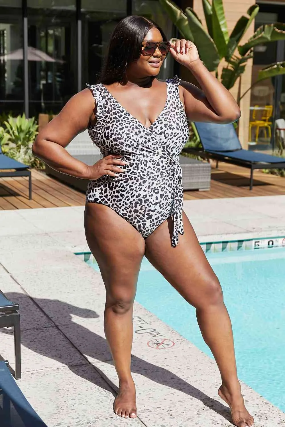 Float On Ruffle Faux Wrap One-Piece Women's Swimsuit in Cat