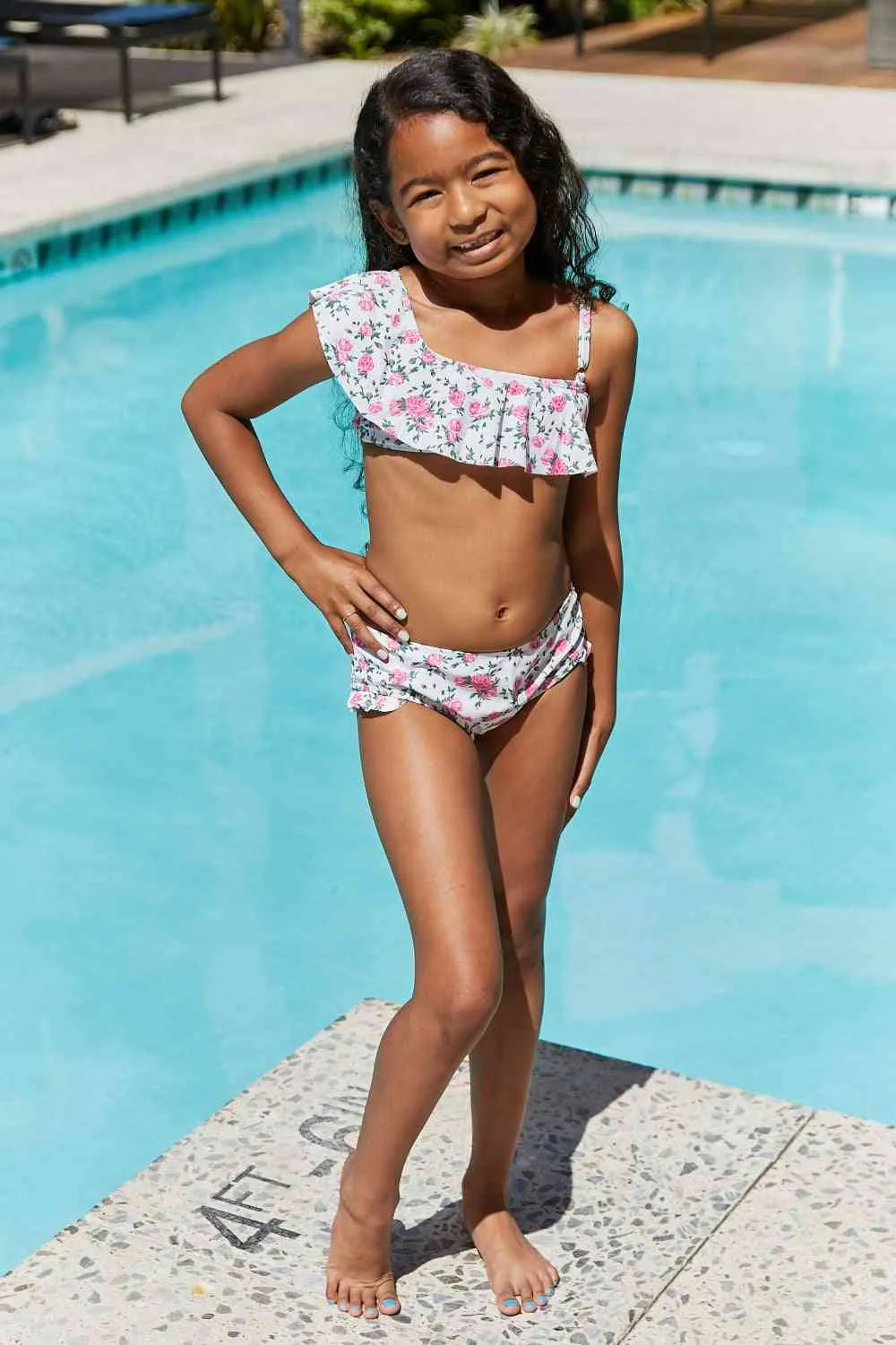 Float On Ruffle Two-Piece Girls Swim Set in Roses Off-White