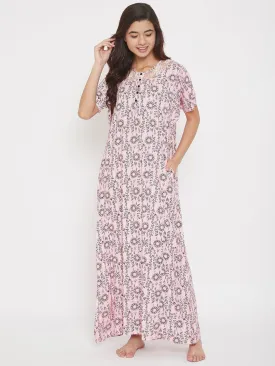Floral Printed Cotton Modal Maxi Nightdress with Lace Yoke - (Clearance - Final Sale)