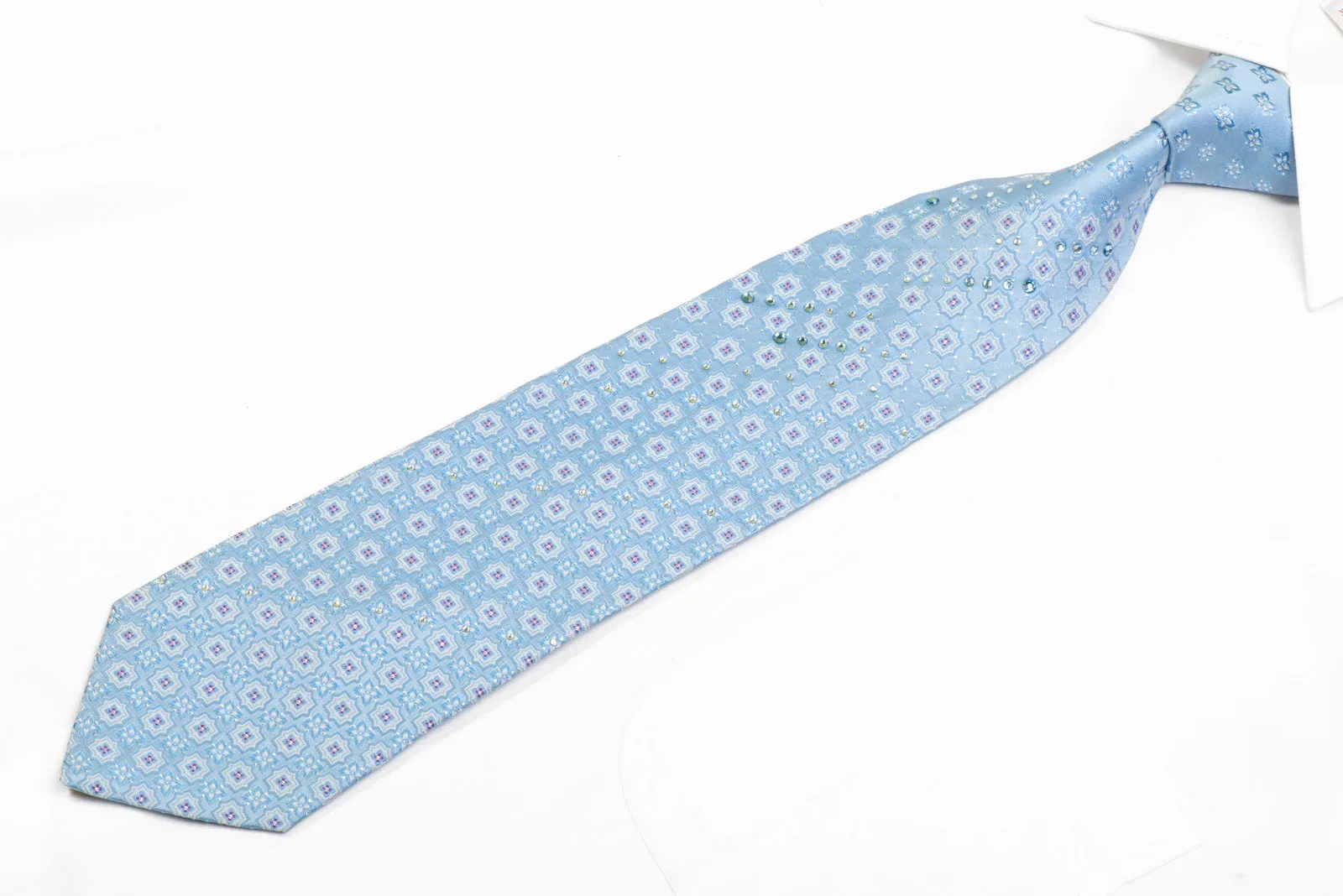 Foulard On Pale Blue Rhinestone Necktie With Silver Sparkles