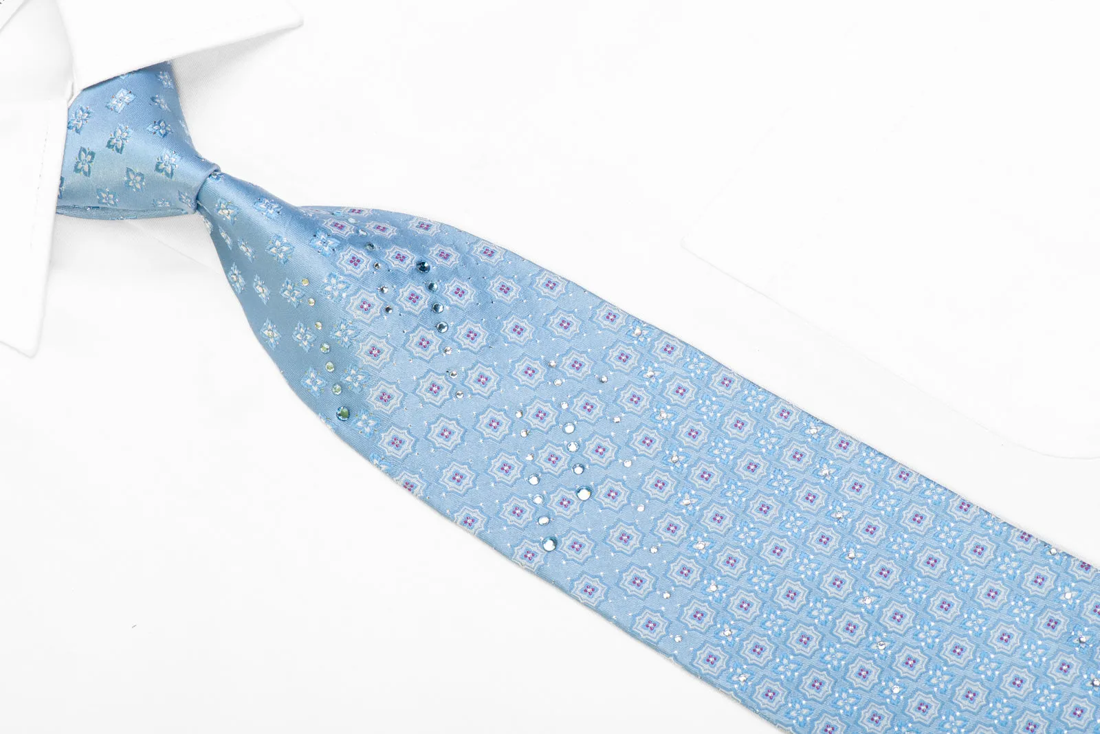 Foulard On Pale Blue Rhinestone Necktie With Silver Sparkles