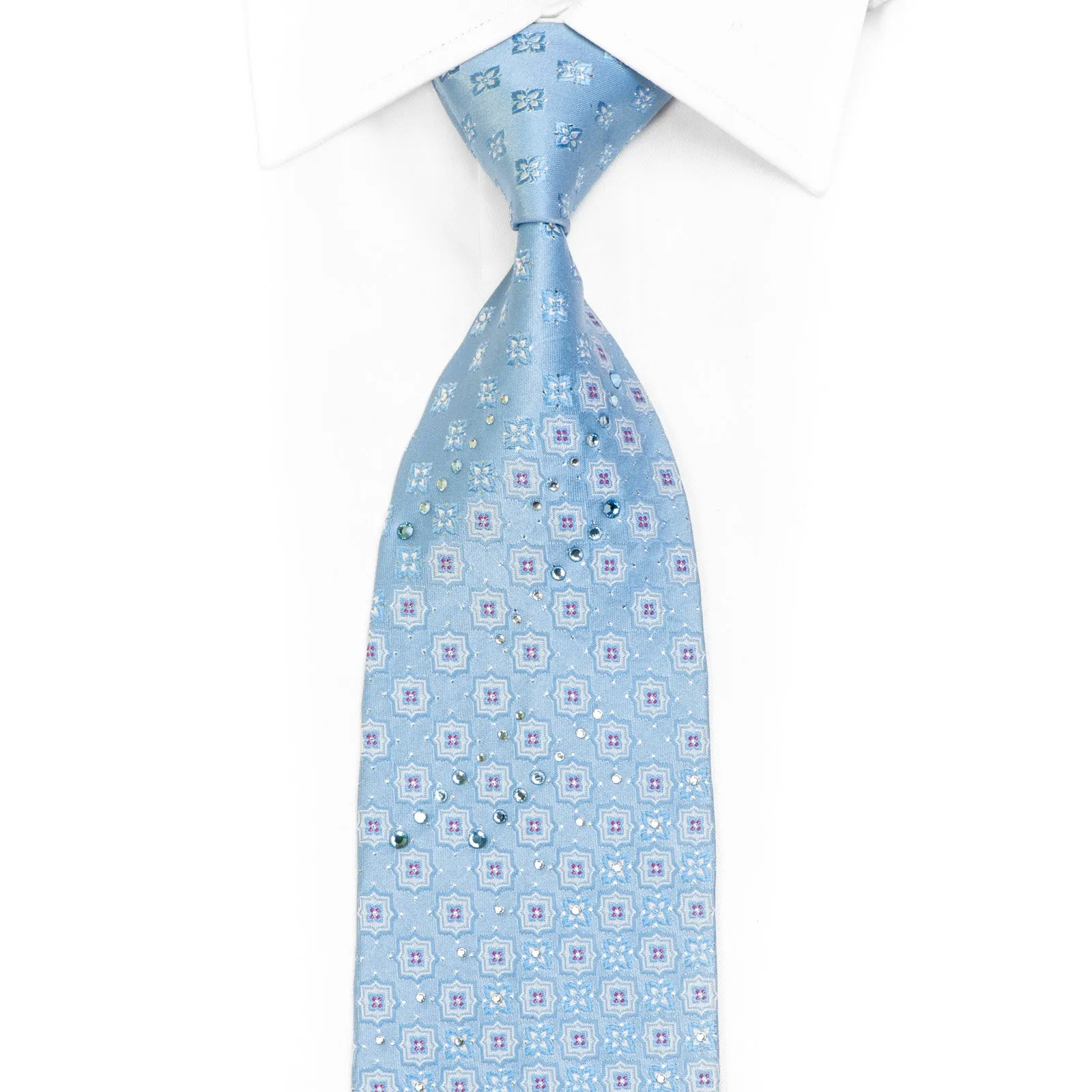 Foulard On Pale Blue Rhinestone Necktie With Silver Sparkles