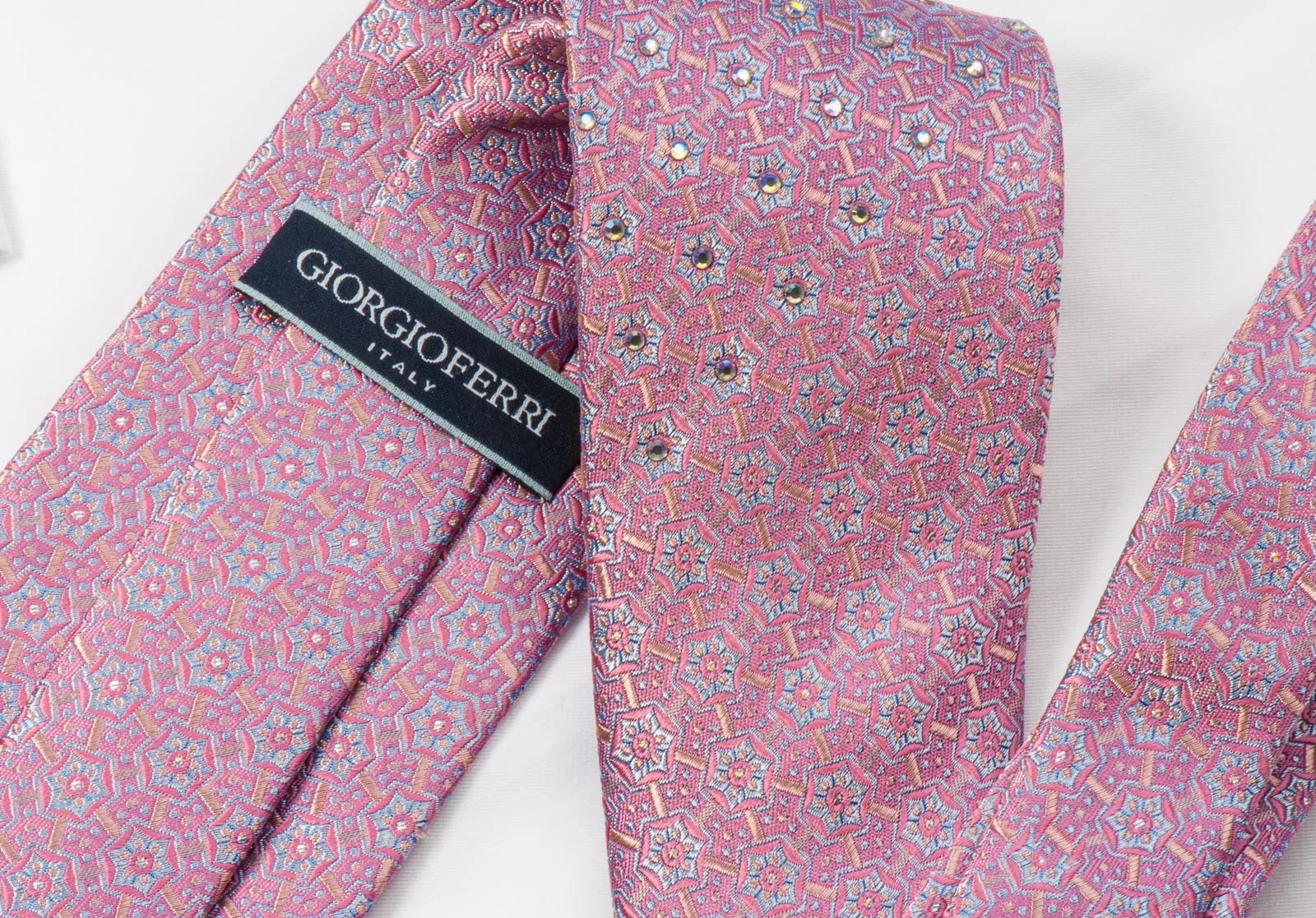 Giorgio Ferri Mens Woven Silk Rhinestone Necktie Geometric Trellis On Mauve