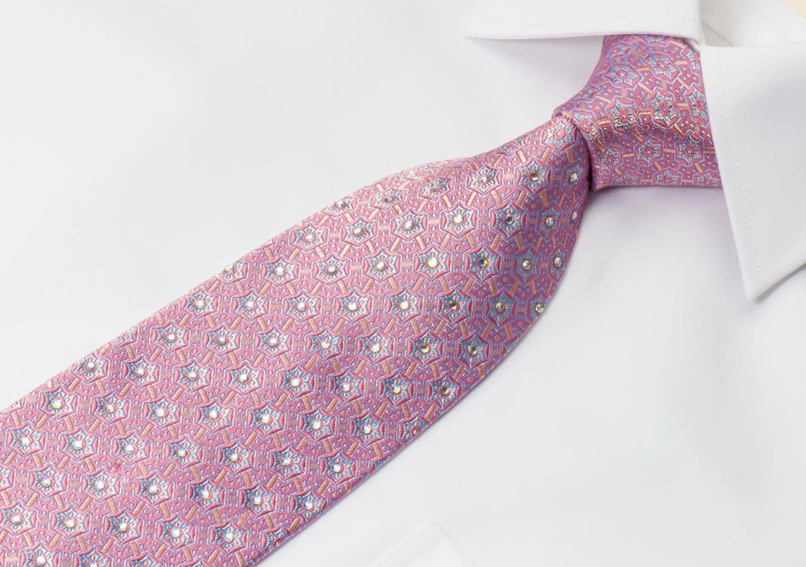 Giorgio Ferri Mens Woven Silk Rhinestone Necktie Geometric Trellis On Mauve