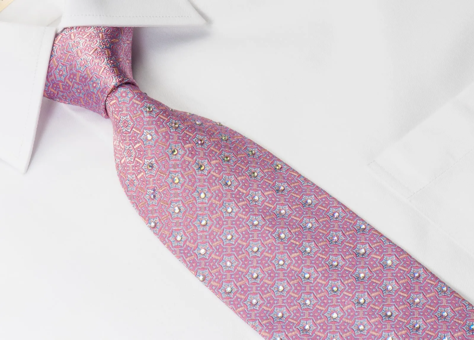 Giorgio Ferri Mens Woven Silk Rhinestone Necktie Geometric Trellis On Mauve