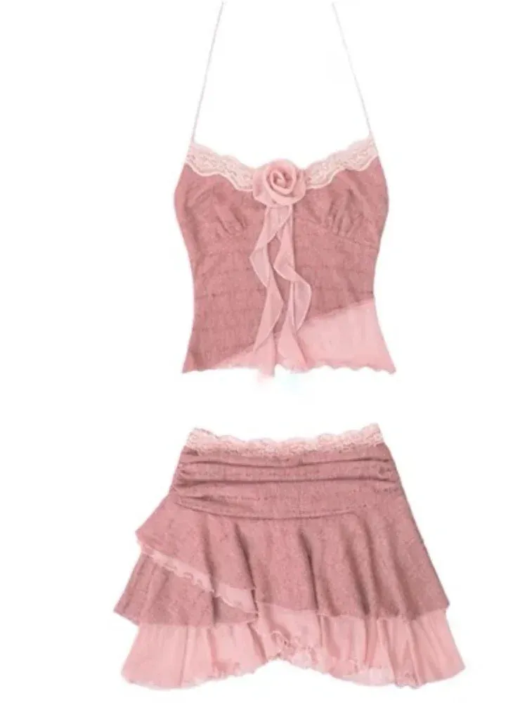 Girlary 2024 Sweet Hot Girl Suit Women's Summer Sexy Slim Fit Camisole Top High Waist Mini Skirt Two Piece Set Fashion Female Clothes