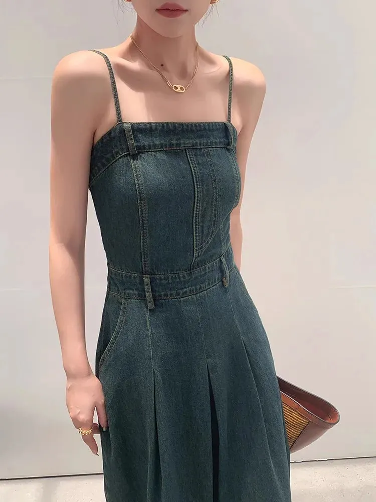 Girlary Deep Blue Denim Camisole Dress For Women'S Summer Retro One Shoulder Elastic Strapless Slim Fitting Temperament Dress
