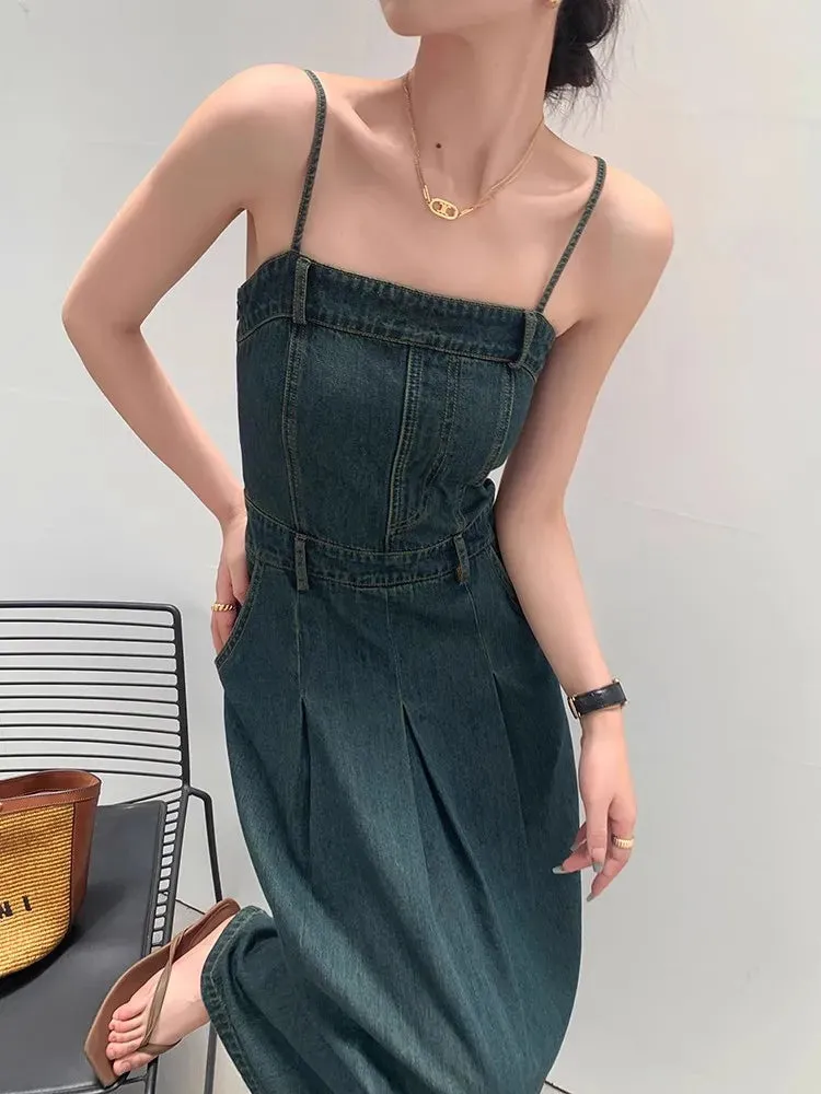 Girlary Deep Blue Denim Camisole Dress For Women'S Summer Retro One Shoulder Elastic Strapless Slim Fitting Temperament Dress