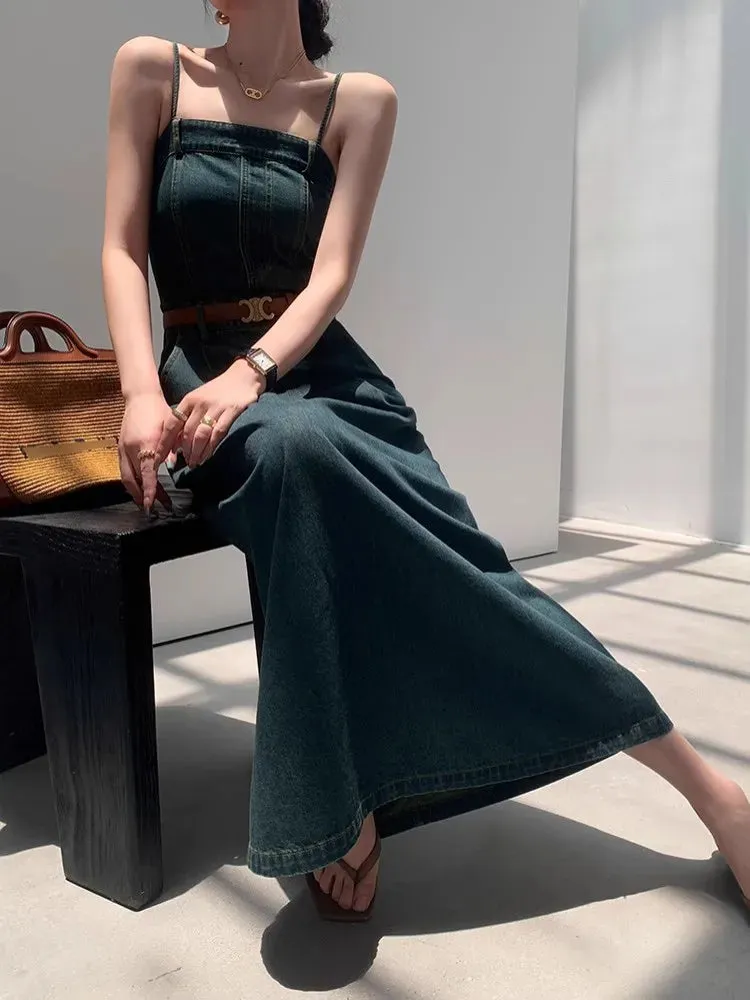 Girlary Deep Blue Denim Camisole Dress For Women'S Summer Retro One Shoulder Elastic Strapless Slim Fitting Temperament Dress